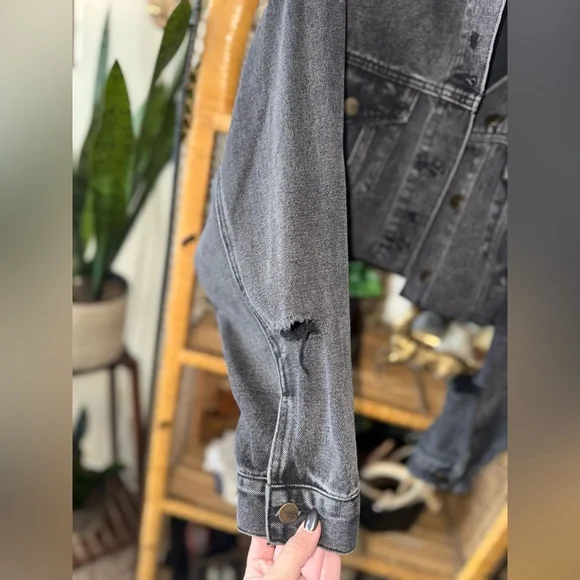 Black Cropped Distressed Denim Jacket by Mono B - Picture 5 of 7